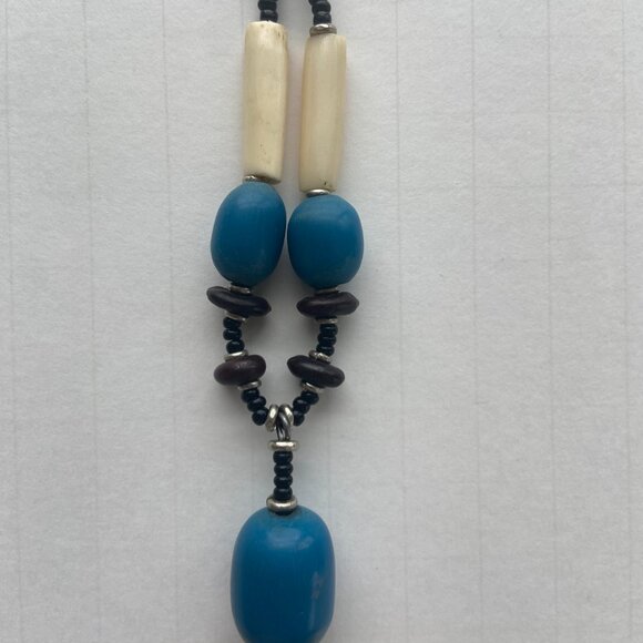 Long Dangle Necklace Black, White & Blue Beads - Picture 6 of 10